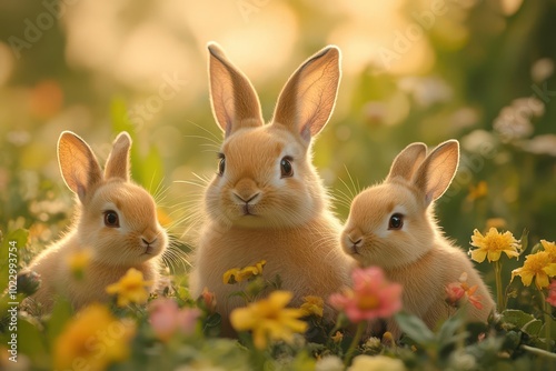 adorable rabbit family posing for a portrait surrounded by a lush garden filled with colorful flowers and greenery soft lighting creates a warm inviting scene highlighting their playful nature