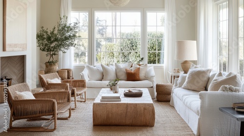 Cozy living room with natural light, neutral colors, and a minimalist design featuring comfortable furniture in a serene space