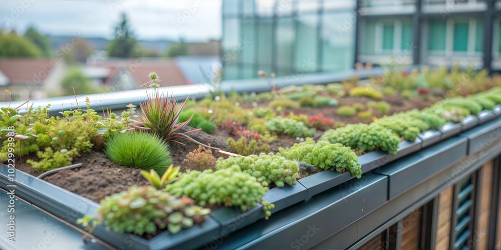 Close-up of green roof installation on a sustainable building with plants and irrigation system visible



