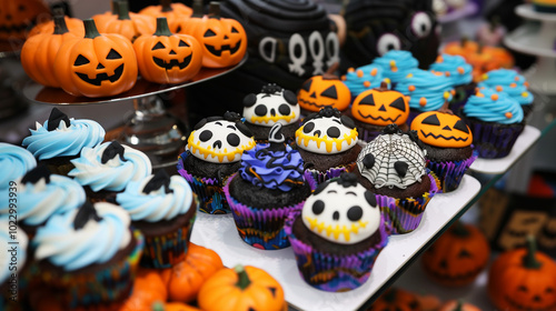 Halloween Themed Dessert Display with Spooky Cupcakes and Cookies, Colorful and Appetizing Spread for Celebration