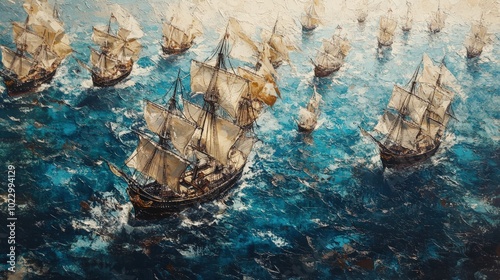 A fleet of ships sailing on a blue sea.