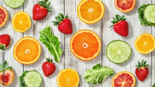 A vibrant arrangement of fruits and vegetables on a wooden surface.