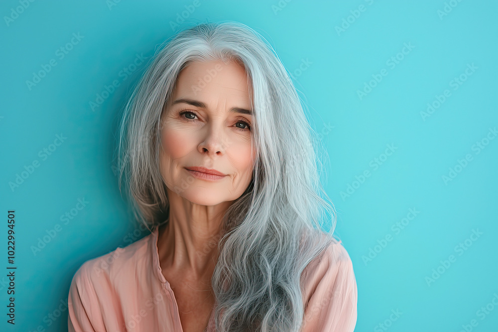 Naklejka premium Beauty portrait of an attractive mature woman against blue pastel background