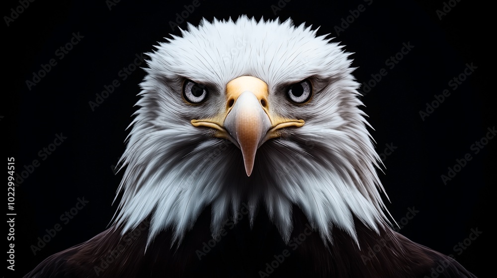 Close-up portrait of a bald eagle with intense gaze against a black background, showcasing detailed white feathers and sharp beak Close-up portrait of a bald eagle with intense gaze against a black background, showcasing detailed white feathers and sharp beak