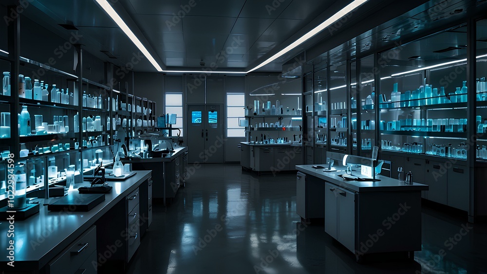 Modern Laboratory with Blue Light and High-Tech Equipment for Scientific Research