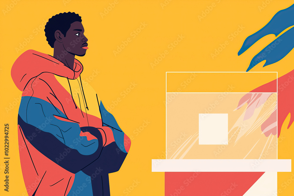 © BUDDHA - Illustration of an African American voter stands thoughtfully beside a clear ballot box, preparing to submit their vote, emphasizing civic duty and democratic participation
