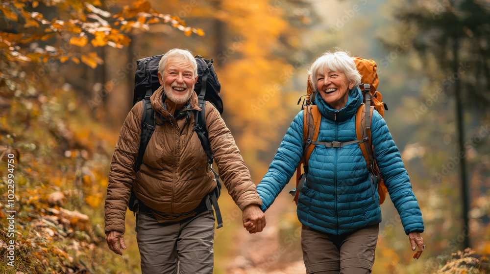 Fit senior couple holding hands during trekking day with autumn nautre in background - Seasonal activities and fall foliage leafs concept - Models by AI generative - Soft foucs on the faces Fit senior couple holding hands during trekking day with autumn nautre in background - Seasonal activities and fall foliage leafs concept - Models by AI generative - Soft foucs on the faces