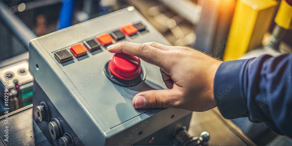 Hand pressing the red emergency stop button for industrial safety.
Hand pressing the red emergency stop button for industrial safety.
