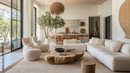 Modern living room interior with natural decor, large windows, and minimalist furniture in a serene setting