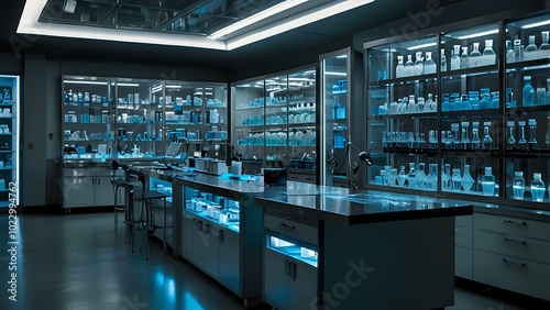 Modern Laboratory with Blue Light and High-Tech Equipment for Scientific Research