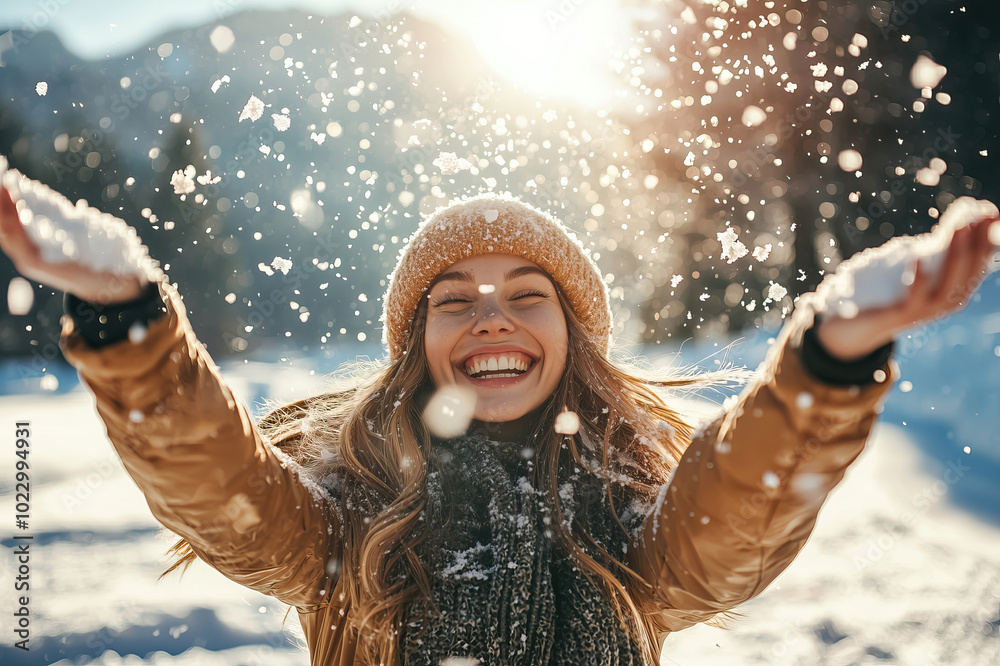 Fototapeta premium Smiling woman throwing snow in the air at sunny winter day