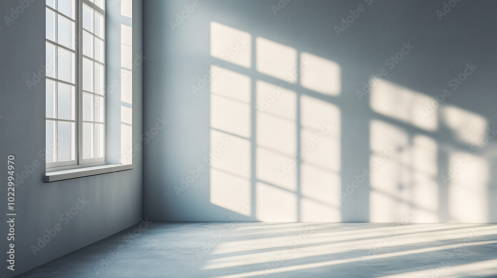 Soft morning light through an open window, casting long shadows on an empty, light-gray wall Simple lines and natural textures create a peaceful atmosphere Soft morning light through an open window, casting long shadows on an empty, light-gray wall Simple lines and natural textures create a peaceful atmosphere