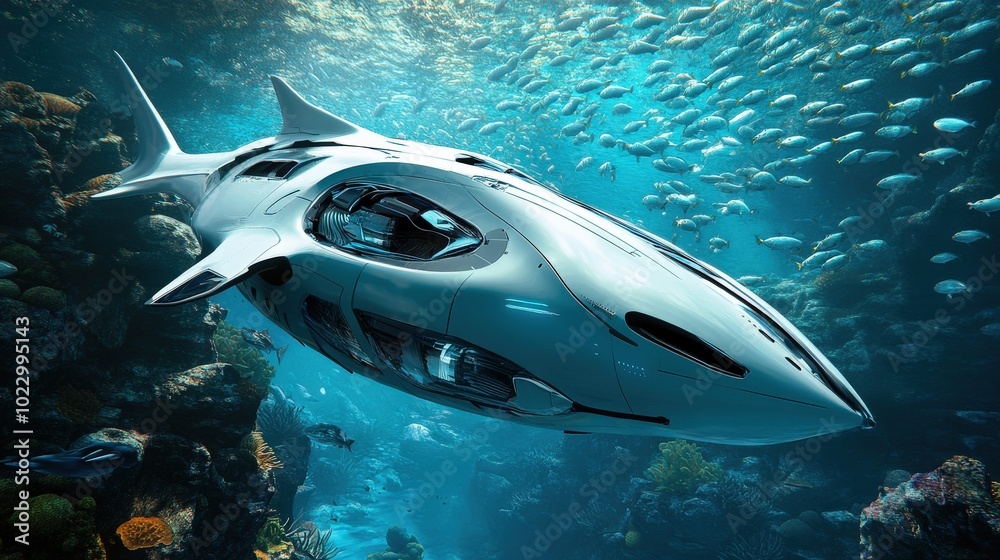 Fototapeta premium A futuristic robotic shark swimming through the ocean, with a sleek, aerodynamic design