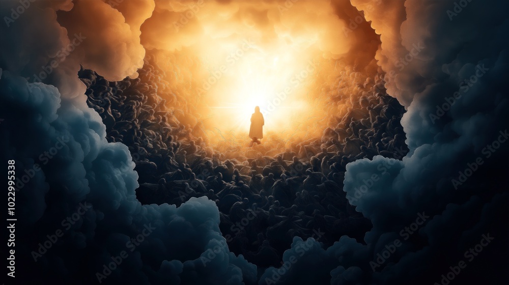 Fototapeta premium Mystical scene with a silhouetted figure in a robe standing amidst luminous clouds and a radiant sky.