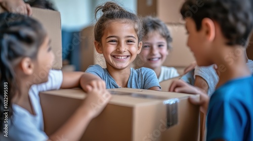 A group of kids helping each other stack boxes during a school charity drive