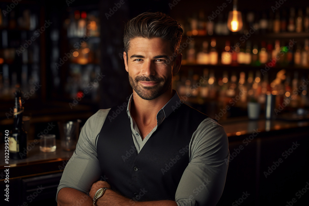 Classic bar pub with professional bartender barkeeper barman, Generative AI illustration photo Classic bar pub with professional bartender barkeeper barman, Generative AI illustration photo