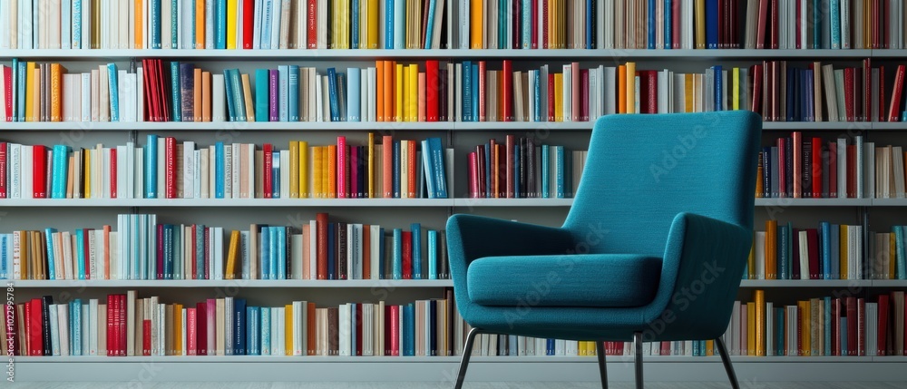 A cozy reading corner setup with a stylish teal armchair against a backdrop of a vast and colorful bookshelf in a well-lit room