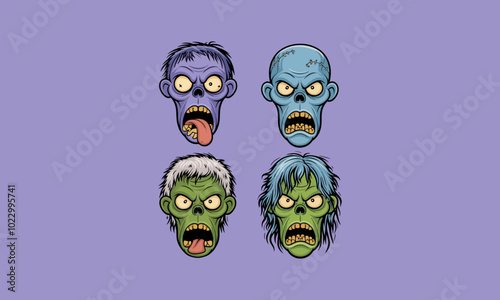 Four cartoon zombie heads with various expressions.