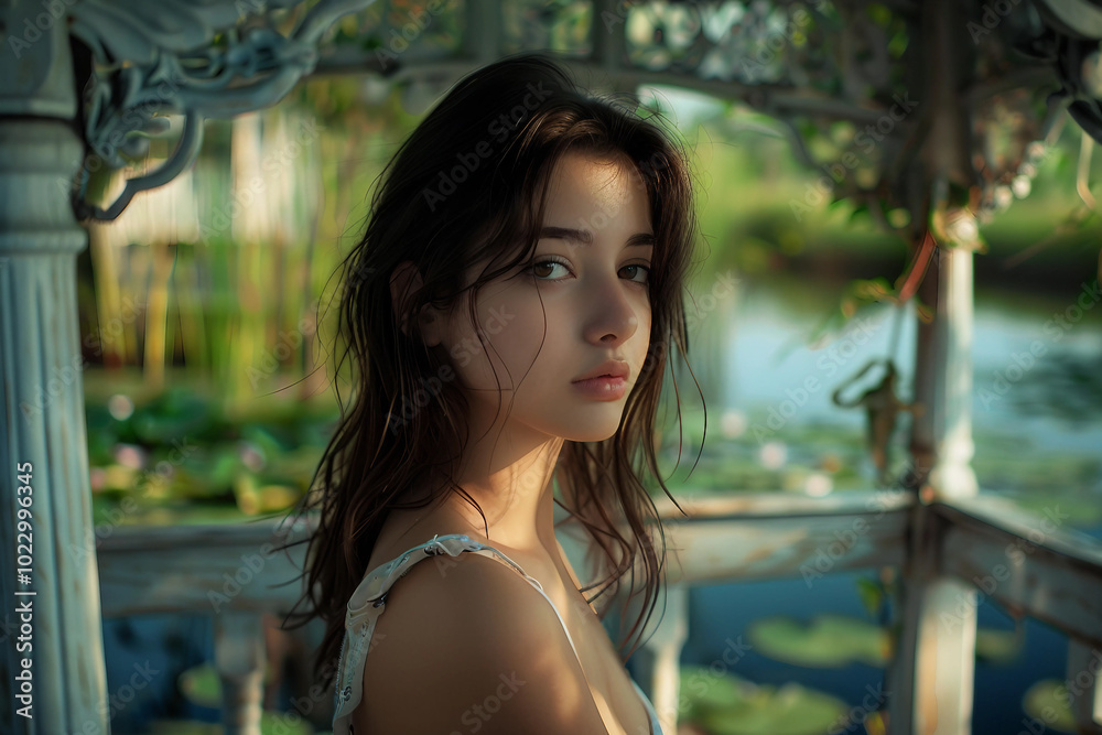 Generative AI portrait of a thoughtful woman on summer terrace Generative AI portrait of a thoughtful woman on summer terrace