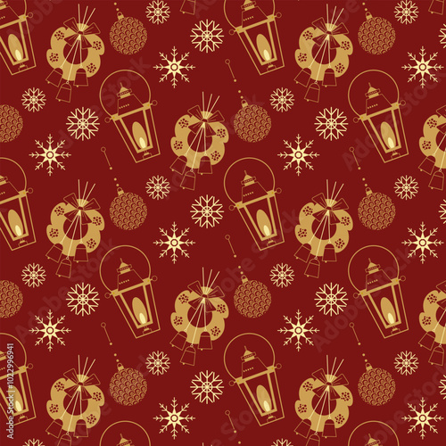Seamless pattern with Christmas wreath, lamp, and ornament for Christmas-themed packaging and wallpaper