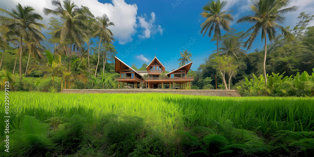 Traditional Wooden Thai House with Lush Green Rice Field Surrounding Traditional Wooden Thai House with Lush Green Rice Field Surrounding