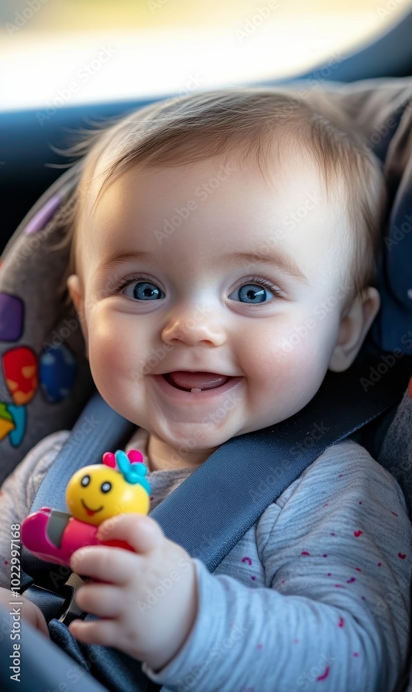 Obraz premium Smiling baby in car seat with toy.