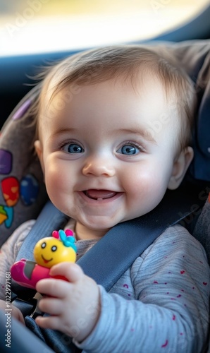 Smiling baby in car seat with toy.