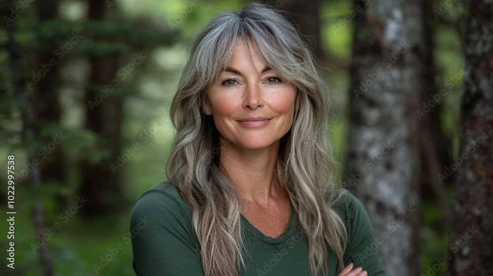 A woman with long hair is smiling in a forest. She is wearing a green shirt and has her arms crossed