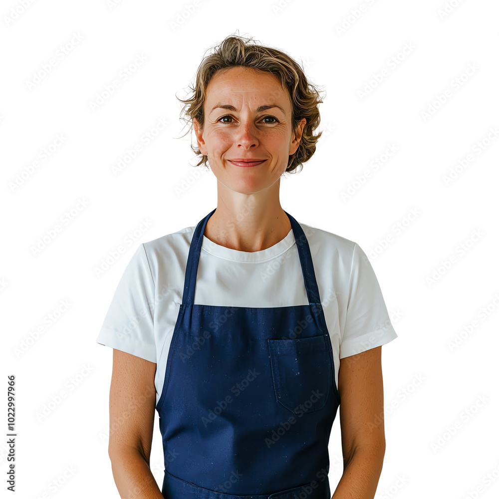 A cheerful woman in an apron stands confidently, ready to take on culinary challenges with a warm smile and approachable demeanor. isolated background A cheerful woman in an apron stands confidently, ready to take on culinary challenges with a warm smile and approachable demeanor. isolated background