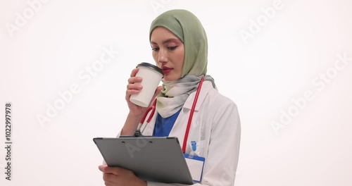 Confident woman doctor in hijab enjoys cup of coffee reading medical history on clopboard on white background. Muslim female medic engages in workflow photo
