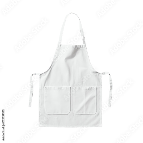 A clean white apron, perfect for cooking or crafting, designed with pockets for convenience and style. isolated background