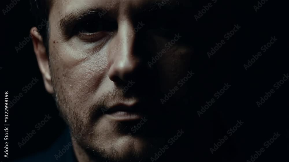 Pensive portrait of a man in low lighting showcasing deep shadows and intense expression Pensive portrait of a man in low lighting showcasing deep shadows and intense expression