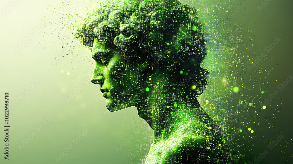 An artistic side profile of a green digital bust interwoven with sparkling dots, visualizing a blend of classic and modern artistry. An artistic side profile of a green digital bust interwoven with sparkling dots, visualizing a blend of classic and modern artistry.