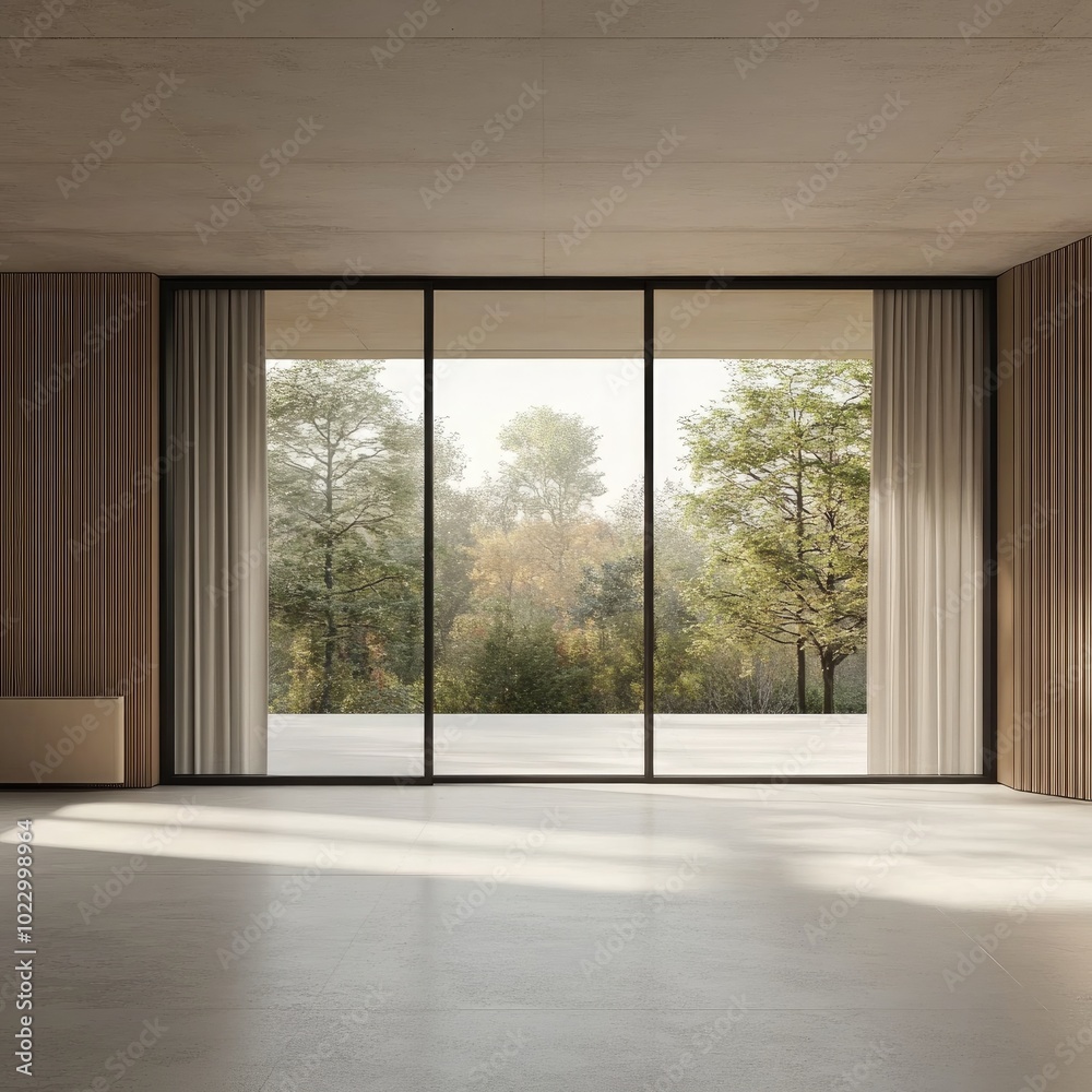 Fototapeta premium Large windows overlooking serene forest, peaceful view, minimalistic room design, trees and sunlight, tranquil interior