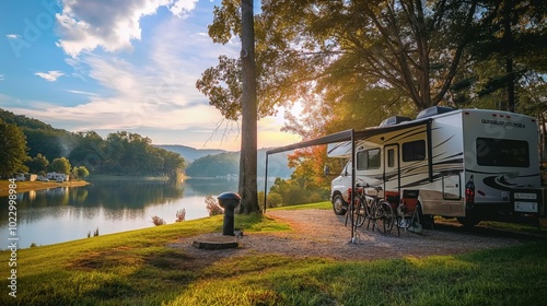 Camping. Vacation. Modern camper van motorhome. Travel. Small house on wheels. White camper van parking on beautiful landscape. Travel and adventure tourism trip concept