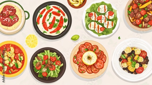 A colorful assortment of Mediterranean dishes on a table, showcasing various appetizers and salads.