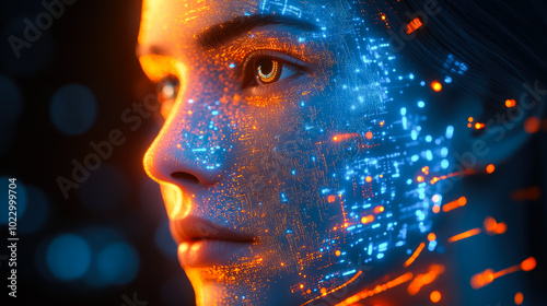 A futuristic design showing a face made up of luminous blue and orange data streams, representing digital connectivity and depth.