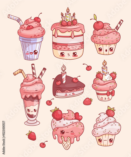 Cute sweet food and drink collection. Isolated vector kawaii cartoon character. Festive birthday cake with candles, cupcake and ice cream with strawberries and cream milk shake with cherry
