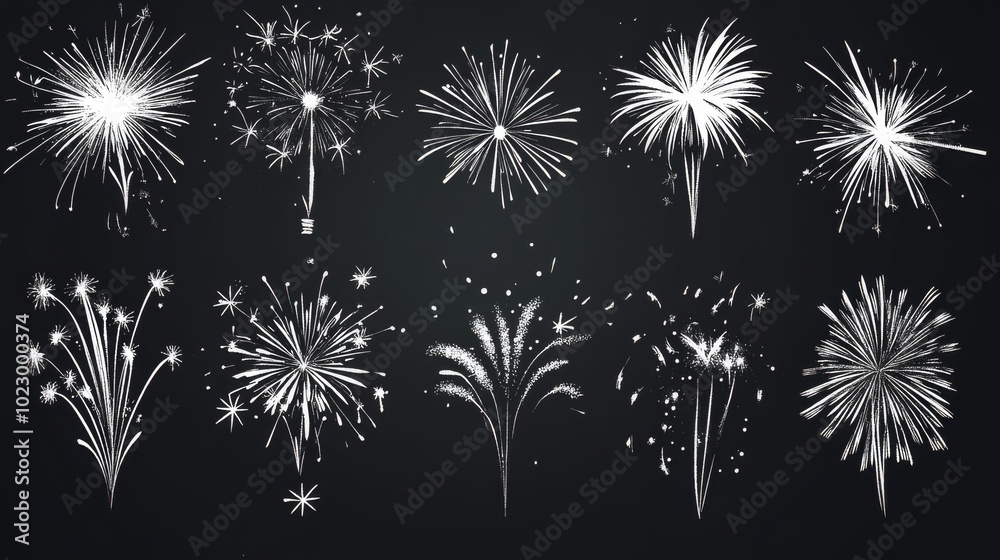 A fun collection of hand-drawn firework icons, perfect for adding a festive touch to your designs. A fun collection of hand-drawn firework icons, perfect for adding a festive touch to your designs.