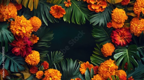 Vibrant floral frame featuring marigold and tropical leaves, perfect for invitations, greeting cards, or decorative backgrounds.