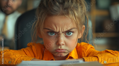 Angry little girl with furrowed brows in a yellow shirt, expressing frustration