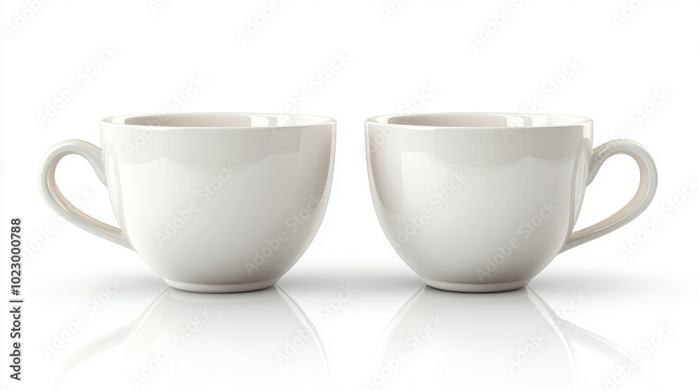 Two white ceramic coffee cups with handles on a white background. Two white ceramic coffee cups with handles on a white background.