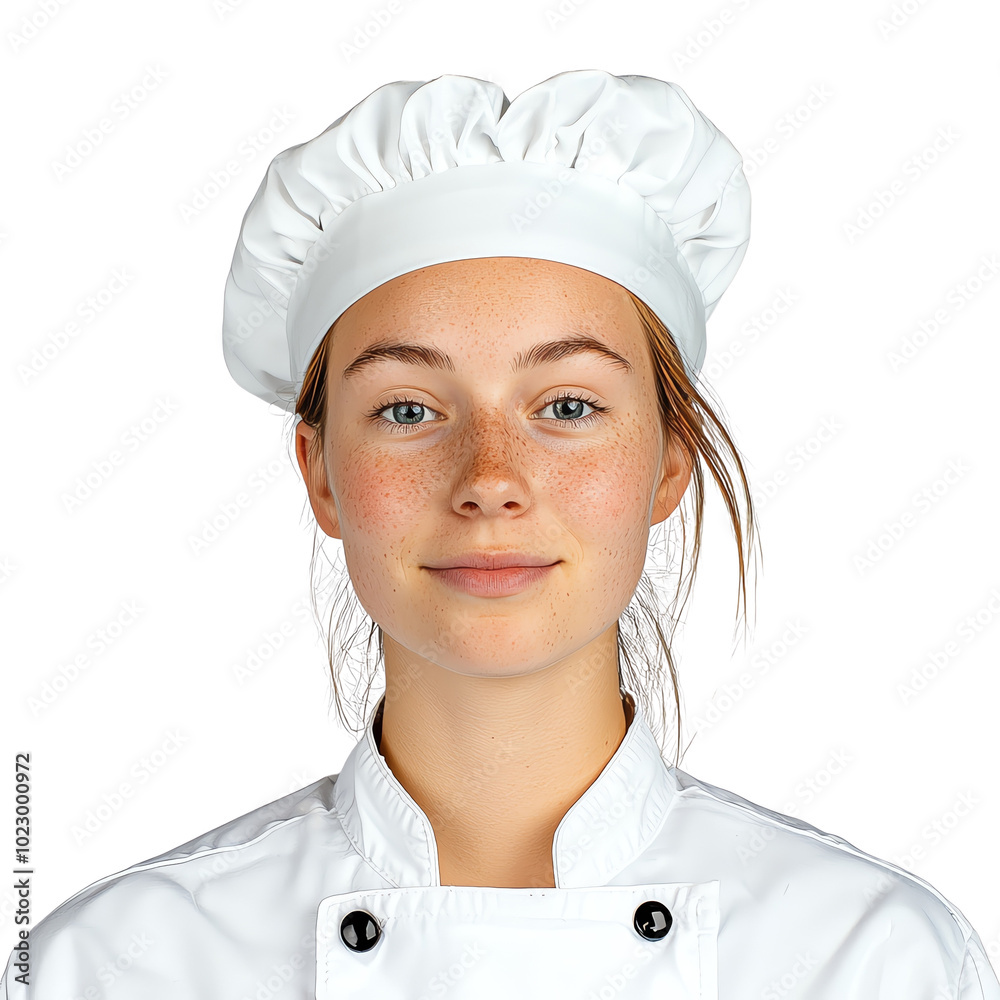 A young chef in a white uniform and hat, smiling confidently, perfect for culinary and food-related themes. isolated background A young chef in a white uniform and hat, smiling confidently, perfect for culinary and food-related themes. isolated background
