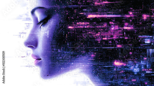 A futuristic portrait of a woman's profile with digital purple elements, symbolizing the blend of human and technological realms. photo