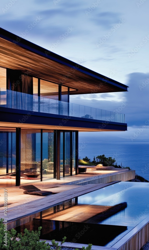 Obraz premium Modern house with pool overlooking ocean.