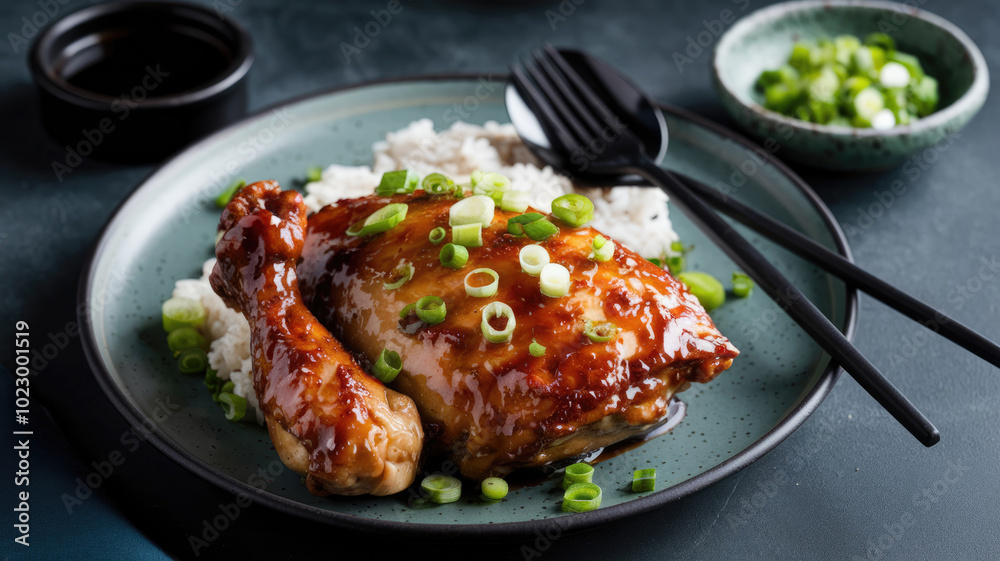 A plate of chicken with rice and green onions. The plate is on a table. There are two forks on the plate A plate of chicken with rice and green onions. The plate is on a table. There are two forks on the plate