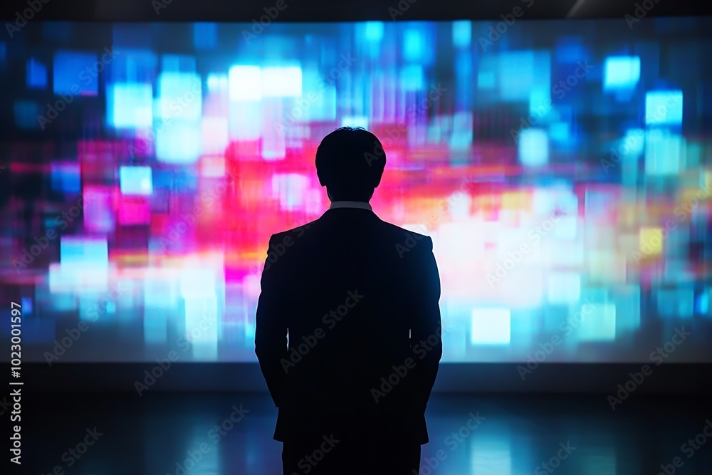 Businessman silhouette standing in front of a colorful screen. Businessman silhouette standing in front of a colorful screen.
