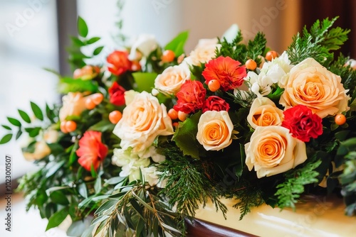 A beautiful flower arrangement on a coffin.
