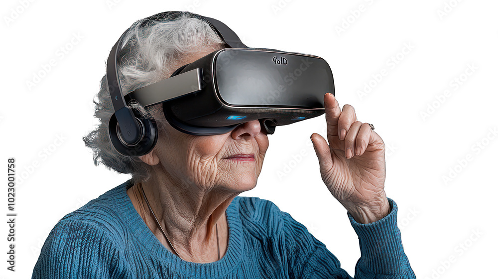 Older woman engaging with a VR headset, portrayed on a clear background. Older woman engaging with a VR headset, portrayed on a clear background.