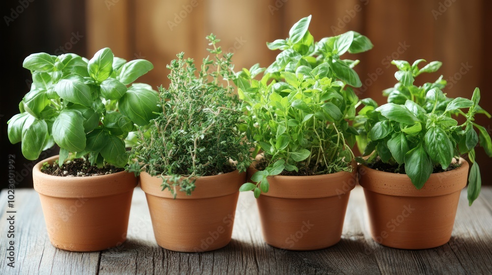 Four potted herbs, basil and thyme, on a wooden surface Four potted herbs, basil and thyme, on a wooden surface